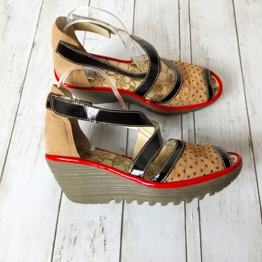 Fly London Ynes Perforated Leather Open Toe Wedge Heel Sandal
